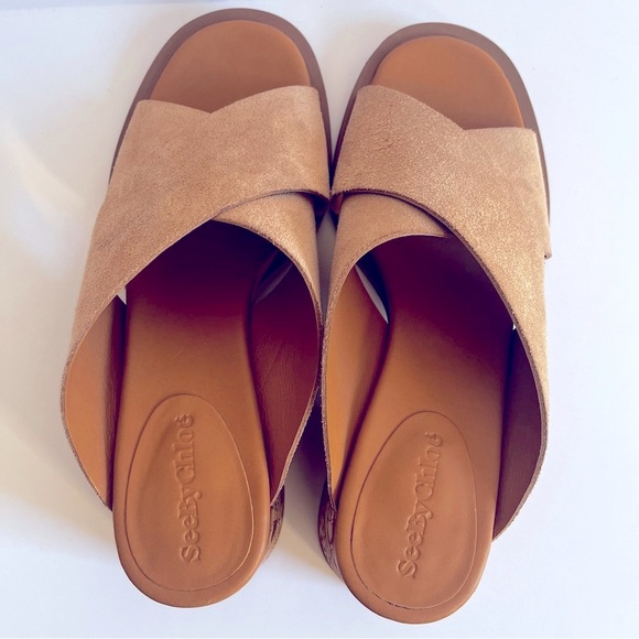 SeeByChole Liana Nude Brown Suede Women's 6 Mules Sandals Block Heel Crisscross - Picture 2 of 7
